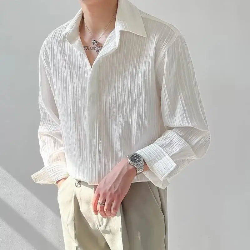 Camisa Masculina Social Plissada Algodão Coreano