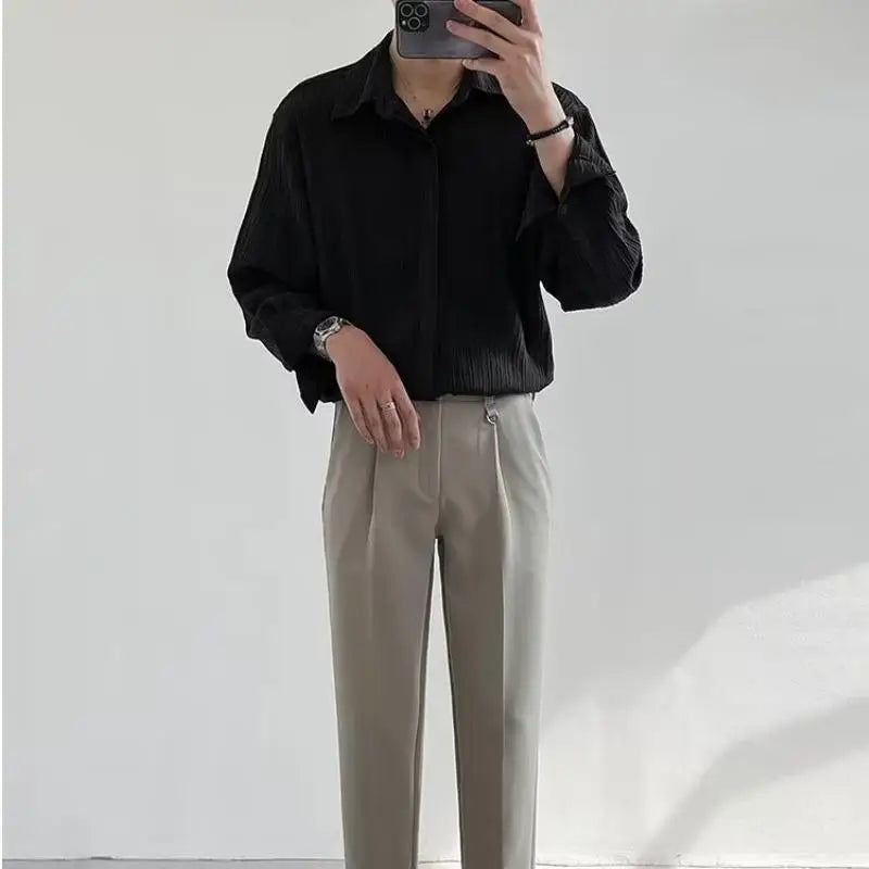 Camisa Masculina Social Plissada Algodão Coreano