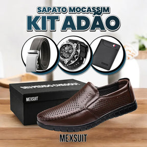 Kit Sapato Mocassim de Couro Adão ( Ventilação Extraordinária! ) + 3 BRINDES: Relógio, Cinto e Carteira - Loja Vercc